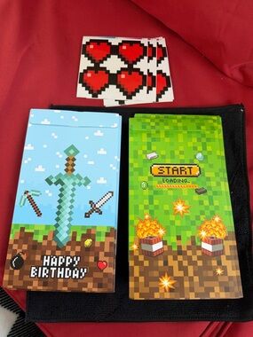 32 count Pixel Game-Themed Birthday Gift Bags with Heart Stickers - Blue & Green